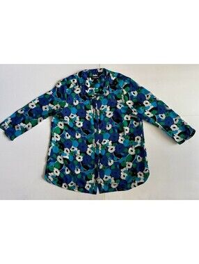 Liz Claiborne Career L Floral Blouse Blue Green Black Button Up Top Tunic 3/4 Sl